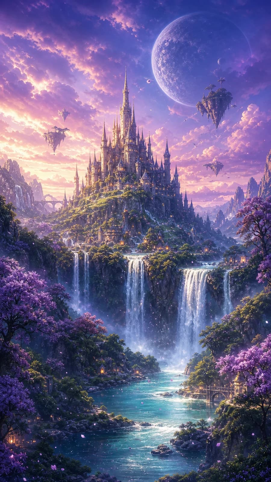 ภาพปราสาทแฟนตาซีและน้ำตกจาก AI Studio